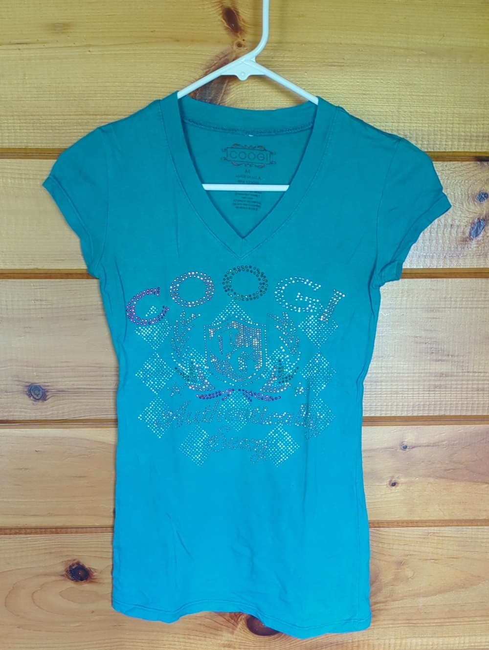 Vintage Y2K COOGI Teal V-Neck Short Sleeve Top with Studded Logo
